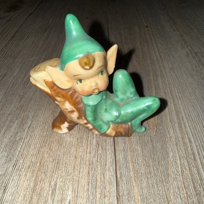 Vintage Elf Pixie Figurine Holiday Sprite Resting on Log Retro Kitsch Christmas