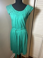 LOFT Green A-Line Dress Tie Waist Ruched Round Neck Sleeveless Knee Length S