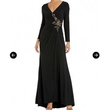 Mac Duggal 67848 Beaded V-Neck Long Sleeve Maxi Evening Gown Black 14 NEW