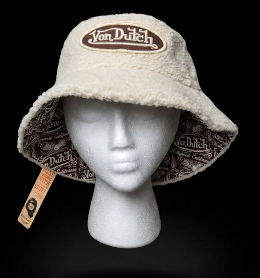 Von Dutch Bucket Hat Cream Sherpa / Brown Monogram Print Unisex NEW with TAGS