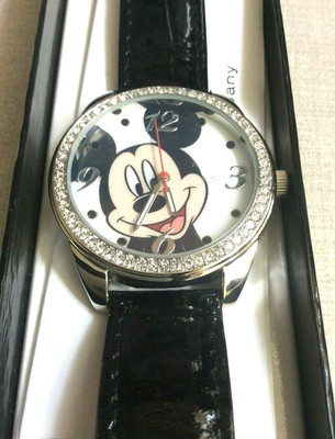 Disney Mickey Mouse Crystal Watch on Black Leather Band New in Box Adorable!