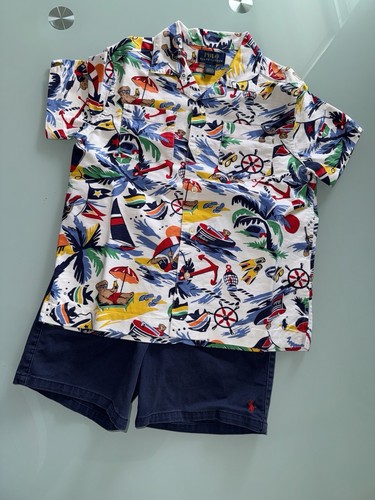 Lot Polo Ralph Lauren Boy Cotton Summer Polo Bear Camp Shirt and 2 shorts Size 6 - Picture 1 of 8