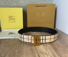BELT BURBERRY BEIGE BLACK DOUBLE SIZE GOLD BUCKLE 100% AUTHENTIC CLASSIC M SIZE