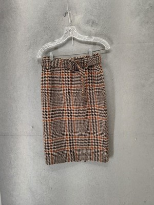L.K. Bennett Skirt Womens 4 Brown Plaid Wool Blend Belted Slit Back Knee Length
