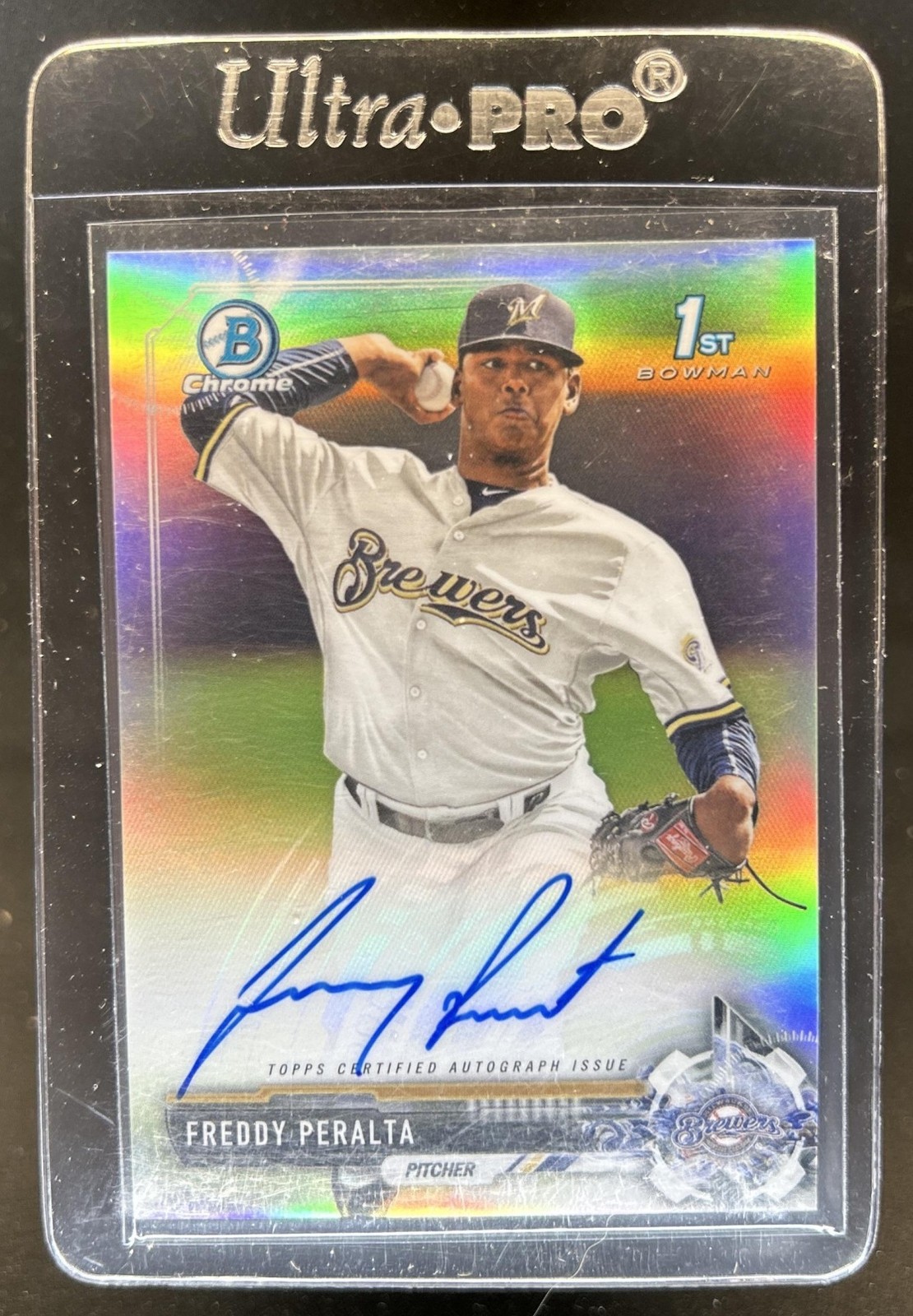 2017 Bowman Freddy Peralta Chrome Auto 1st Prospect Refractor #/499 Brewers