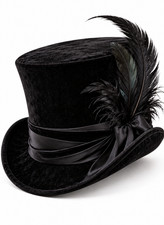 Black Velvet Top Hat with Black Feather Plume Satin Bow Gothic Steampunk Hat