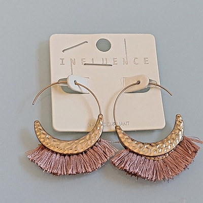Influence Gold Tone Hammered Crescent Moon Rose Mauve Tassel Hoops 2 INCH OLD ST