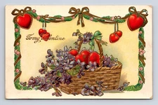 Valentine's Day Gold Accent Basket of Flowers Hearts Traditional Postcard