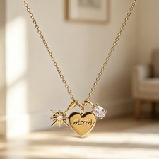 Gold Tone MOM Heart Pendant Necklace with Starburst & Clear Crystal Charms
