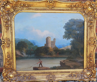 Antique 19th C. European canvas oil painting landscape Ruins Bridge and FIgures