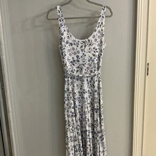 LOFT Petites MP White/Blue Floral Midi Sundress Belted Tie Waist Scoop Neck