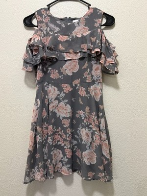 Children's Place gray and pink floral ruffle dress, lined polyester, girl's 12