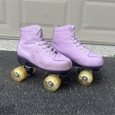 Lavender Purple High-Top Quad Roller Skates Pair with Yellow Wheels
