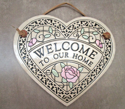WELCOME TO OUR HOME Hanging Plaque w/ Leather Strap Pink Rose Trinity Pottery