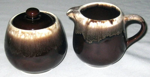 Brown White McCoy Cream Sugar Bowl w Lid Pottery - Lot 