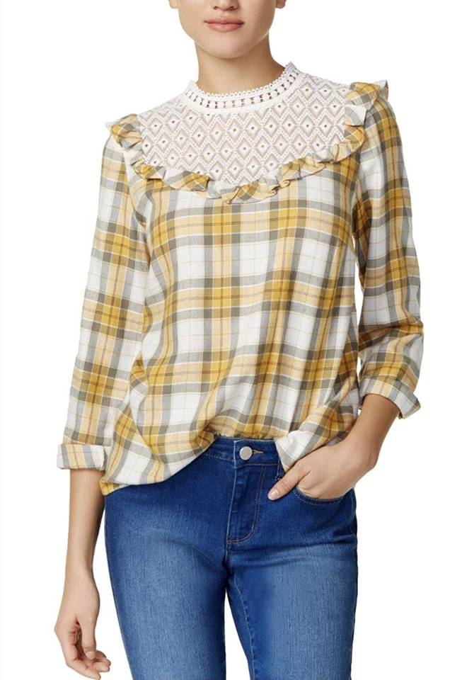 Nueva blusa de punto Kensie para mujer con ribete de encaje, franela amarilla y gris, talla M