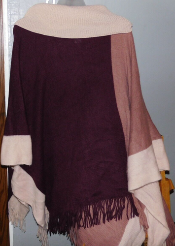 Vintage Beautiful XXL Dusty Rose & Eggplant Color Poncho with Fringe - Picture 10 of 10