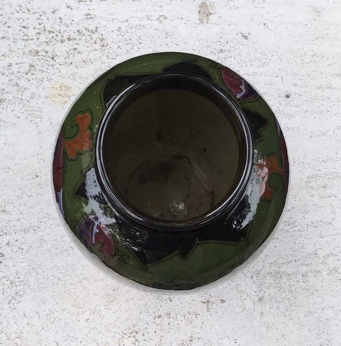 Antique Large Gloss Gouda Floral Vase Palmet Arnhem Black Green Aqua Purple 11" - Picture 6 of 7