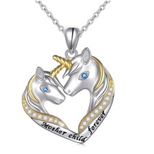 Heart shaped Unicorn Pendant Necklace "mother Child Forever" with gift box