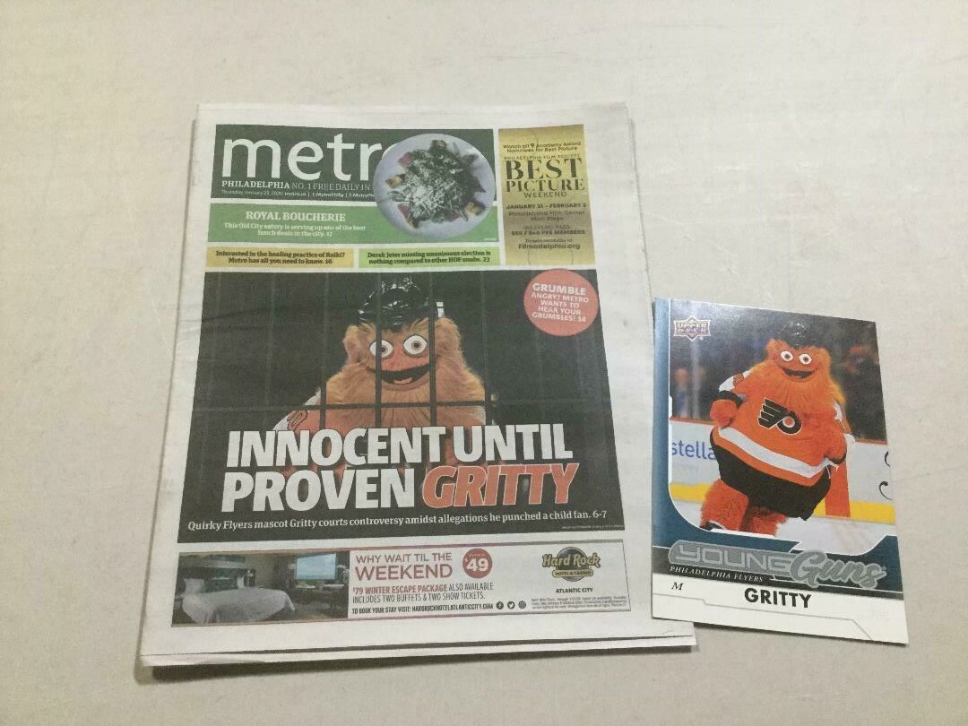 FLYERS 2018 MASCOT GRITTY UPPER DECK CARD RC & METRO PHILLY NEWSPAPER SGA
