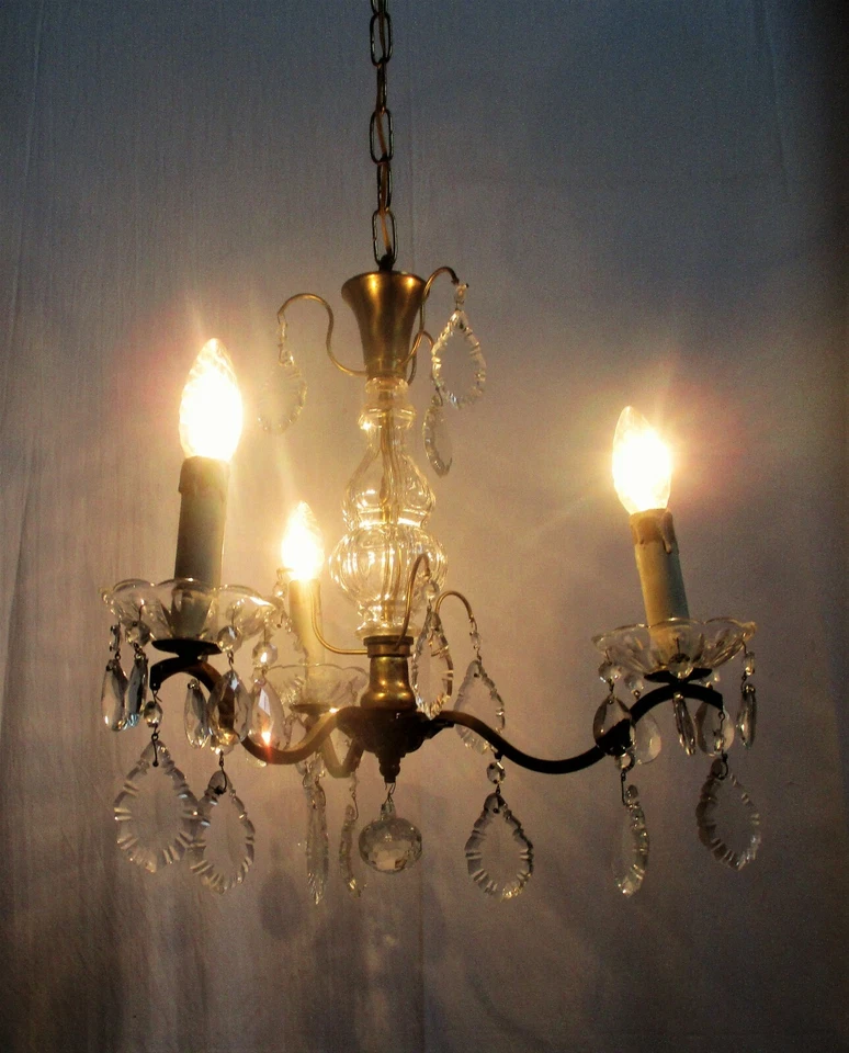 Brass Ornate Chandelier 3 Arms Lights Prisms Hollywood Regency Empire Red Shades - Image 3 of 4