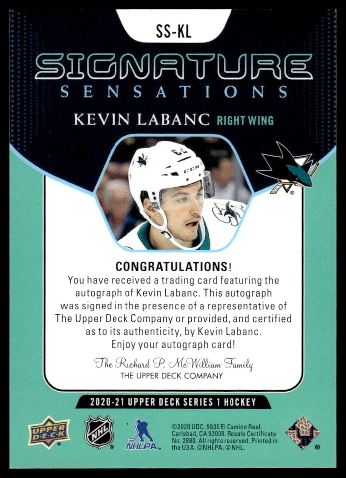 2020-21 Upper Deck Signature Sensations Kevin Labanc Auto San Jose Sharks #SS-KL - Image 2 of 2