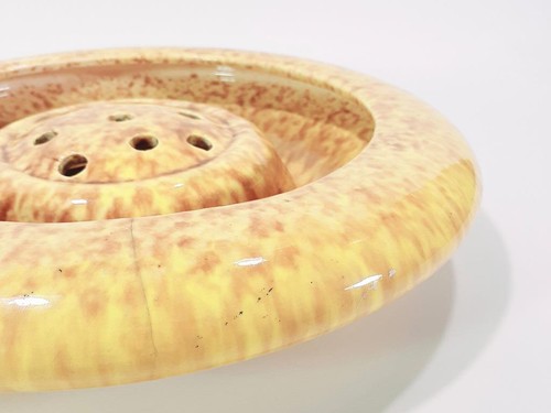 Vintage Mid Century Pates Australian Pottery Yellow Float Bowl & Flower Frog - Picture 7 of 16
