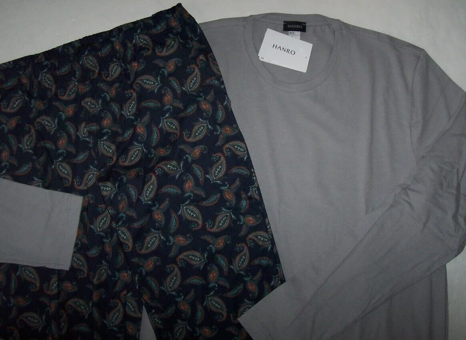 Nuevo con etiquetas Juego de pijama tejido algodón noche y día floral azul marino gris Hanro XL Foto 3 de 4