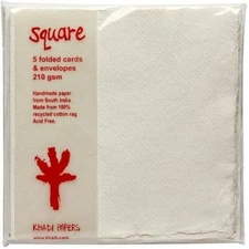 KHADI HANDMADE PAPER - 5 FOLDED CARDS & ENVELOPES -15 x 15 cm