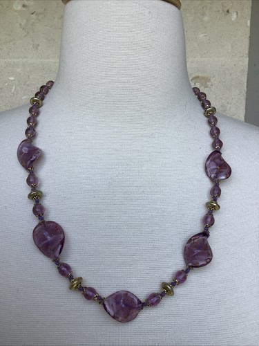 Vintage Venetian Art Glass Beaded Necklace Purple Aventurina Gold Flecks Italy - Picture 2 of 14