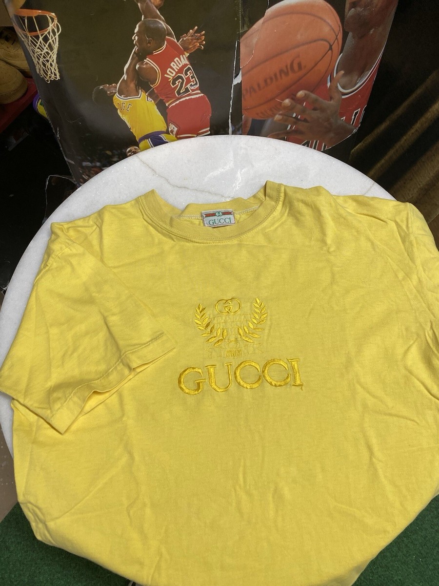 Gucci Vintage 90's Spellout Embroidered Yellow Tee Shirt
