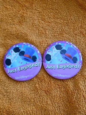 JUST ENGAGED SET OF 2 AUTHENTIC Walt Disney World Buttons HTF RARE Discontinued