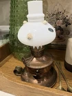 Vintage Brass-Tone Mini Oil Lamp With Floral Milk Glass Shade Made In Japan