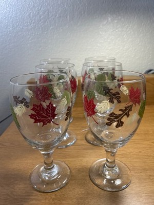 Set of 6 vintage Libbey stem glasses, likely from the 1990s, featuring a botanic