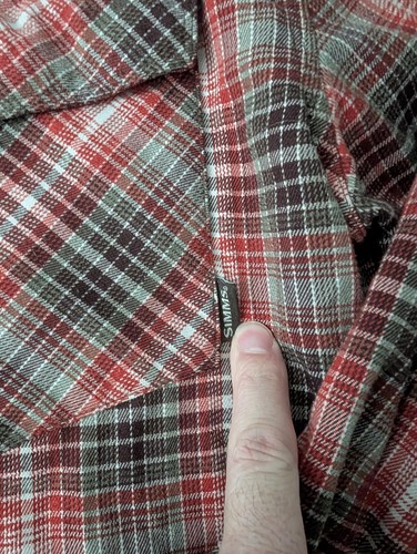 Simms Fishing Shirt Mens Medium Red Brown Plaid Pearl Snap Button Flannel - Picture 8 of 15