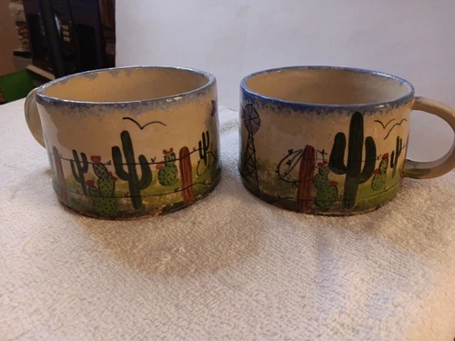 2 VTG Signed Handmade Pottery Mugs, Measures 2.75" Tall, 4.25" Diameter. Western