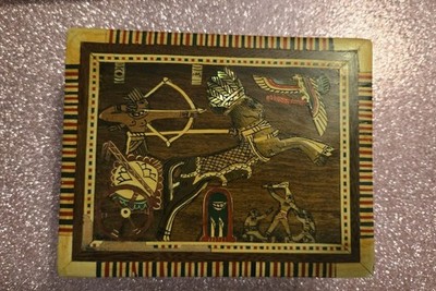 Vintage 1981 Egyptian Wood Marquetry Trinket Box Inlay Chariot Sphinx Pyramids