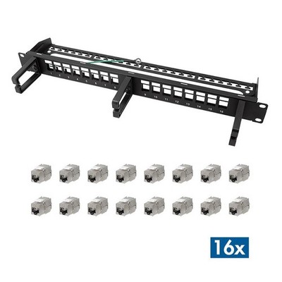 19'' 16 Port Keystone Panel Patchpanel 3 Kabelbügeln 19 Zoll + 16 Keystone Cat.6A