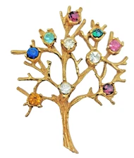 Vtg. Tree Of Life Pendant Gold Tone Multi-colored Crystal Stones Prong Set