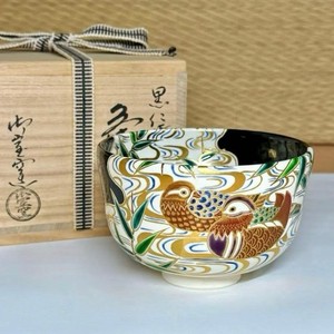 Gold Mandarin duck Japanese Pottery Tea Ceremony Bowl Cup Matcha Chawan W/Box