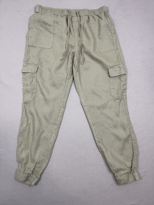 Nicole Miller Womens 100% Linen Cargo Jogger Pants Sage Green Large Earthy Boho