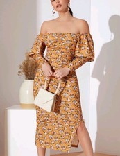 Floral Print Gigot Sleeve Off Shoulder Bodycon Side Slit Women Dress Size M