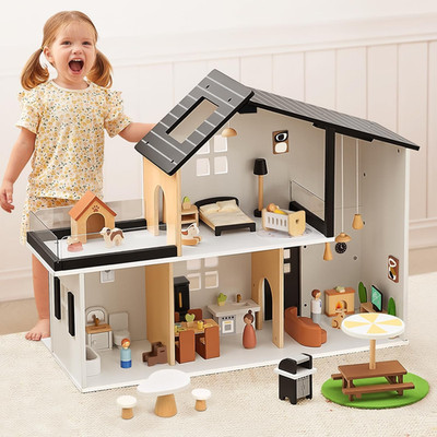 Wooden Dollhouse, Modern Doll House with 66Pcs Luxurious Furniture Accessories,