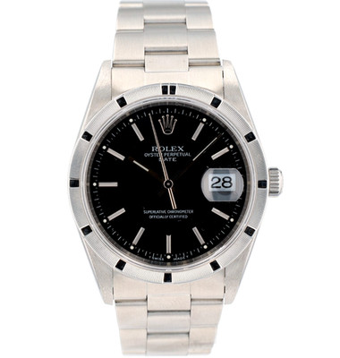 Rolex Mens 15210 Date Black Dial 34mm Stainless Steel Engine-urned Oyster Watch