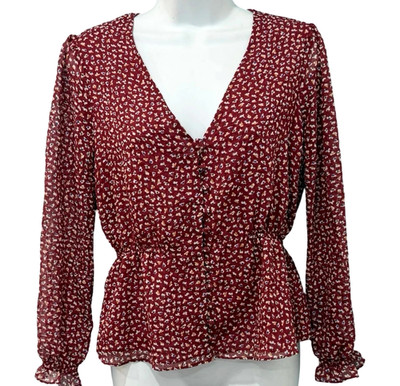 Madewell Overture Top Womens Size 2X Maroon Ditsy Floral Ruffle Sleeve Blouse
