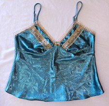 Vintage Y2K Ice Blue Crinkled Satin Lace Trim Camisole Top Adjustable Straps
