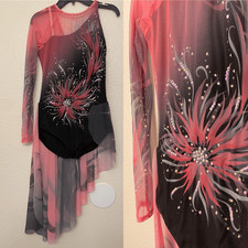 Lyrical skating solo dance costume black pink floral rhinestone ballet dress XLC
