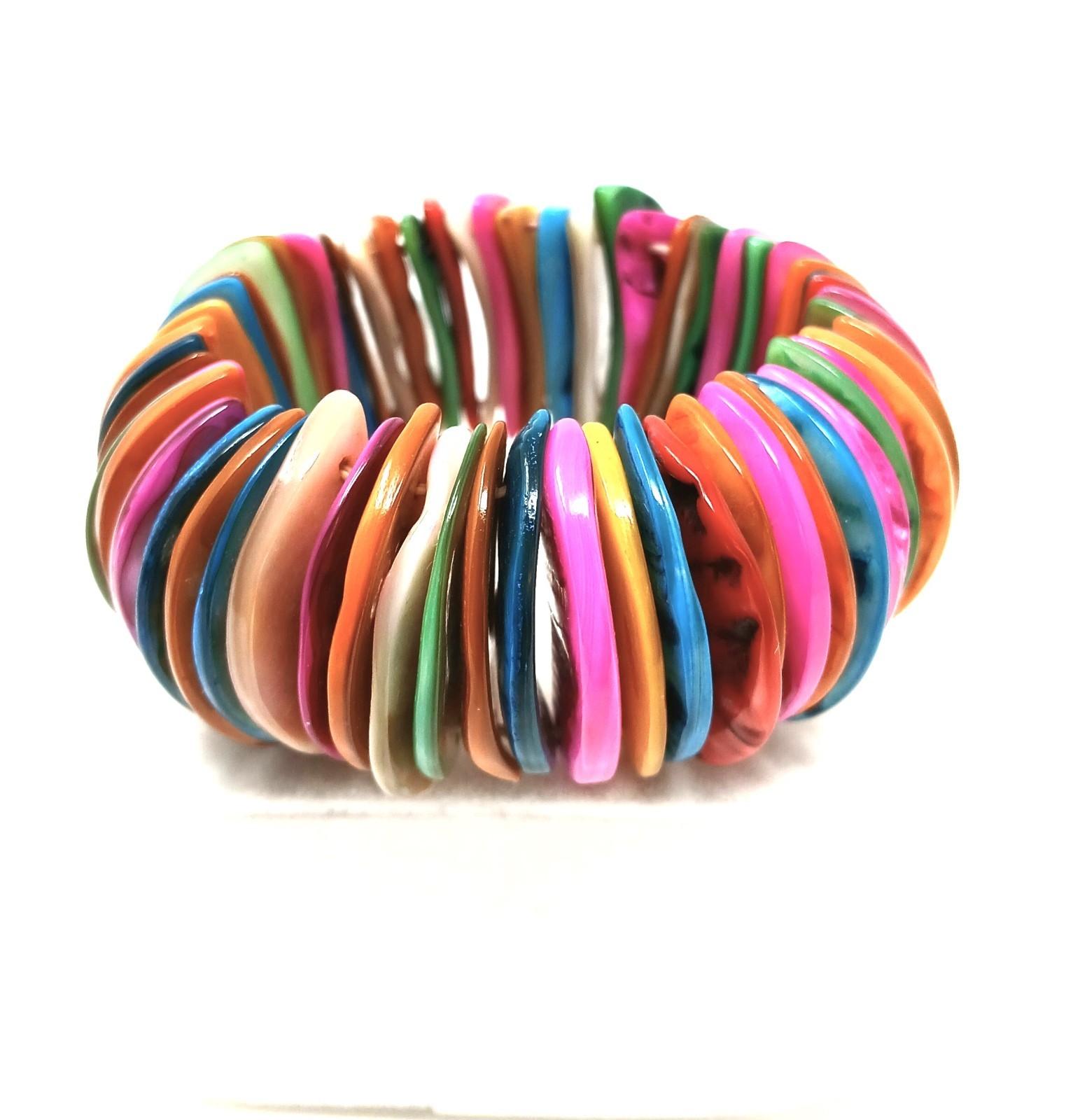 Multicolor Mother of Pearl Half Coin Boho Beach Stretch Bracelet Smooth Backside