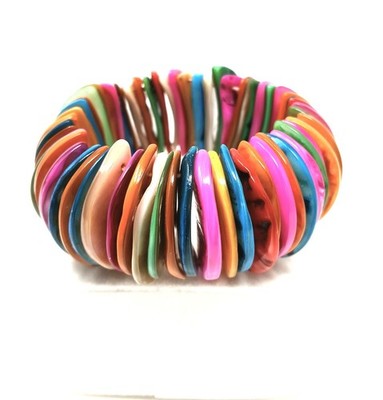 Multicolor Mother of Pearl Half Coin Boho Beach Stretch Bracelet Smooth Backside