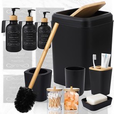 Black and Wood Bathroom Accessories Set 19Pcs, Bathroom Set with Trash Can an...